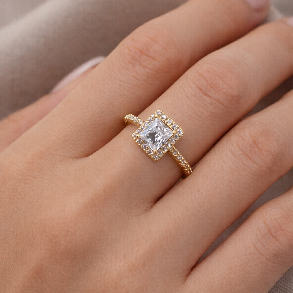 "Golden Square Zircon Open Ring"