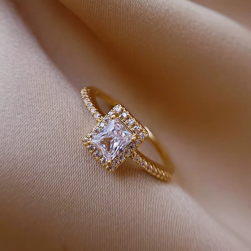 "Golden Square Zircon Open Ring"